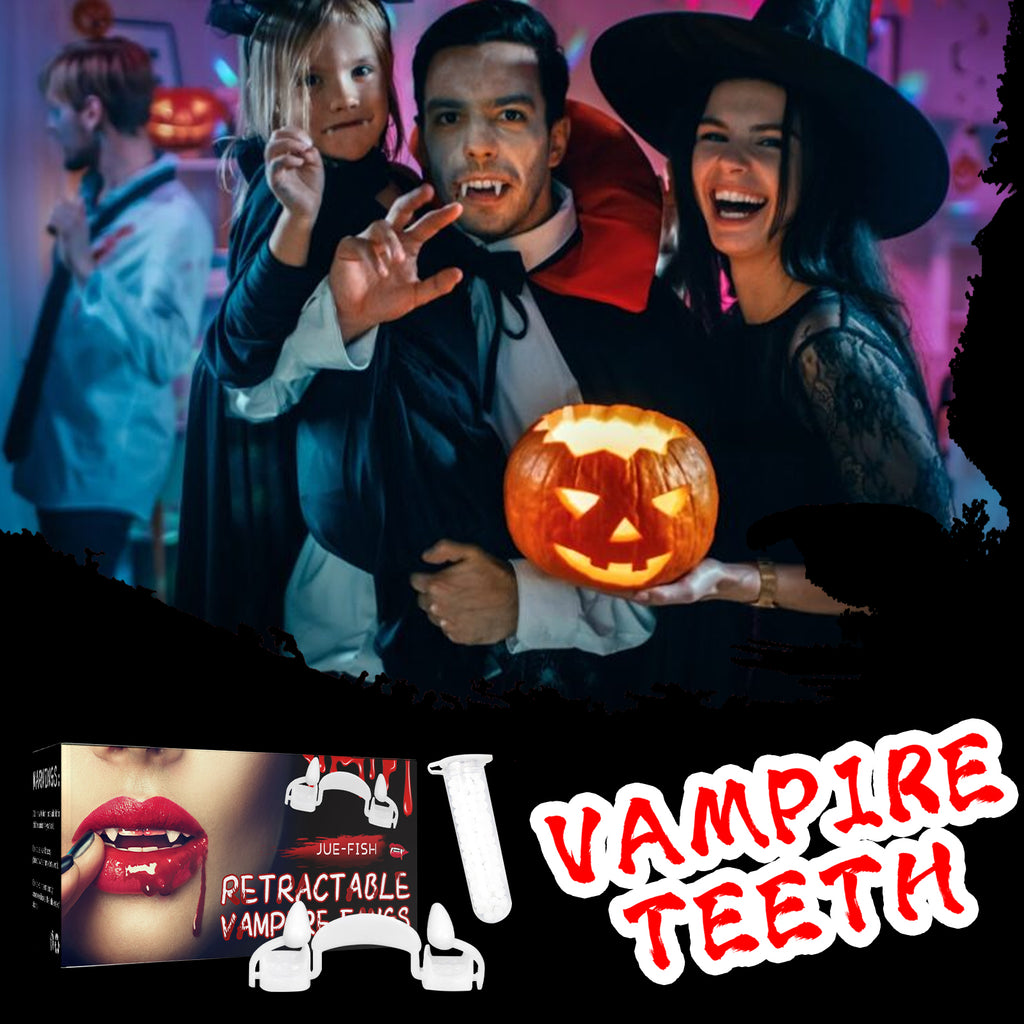 Jue Fish Retractable Vampire Fangs, Reusable Realistic Fake Teeth Cosplay Prop with Dental Glue for Halloween Party