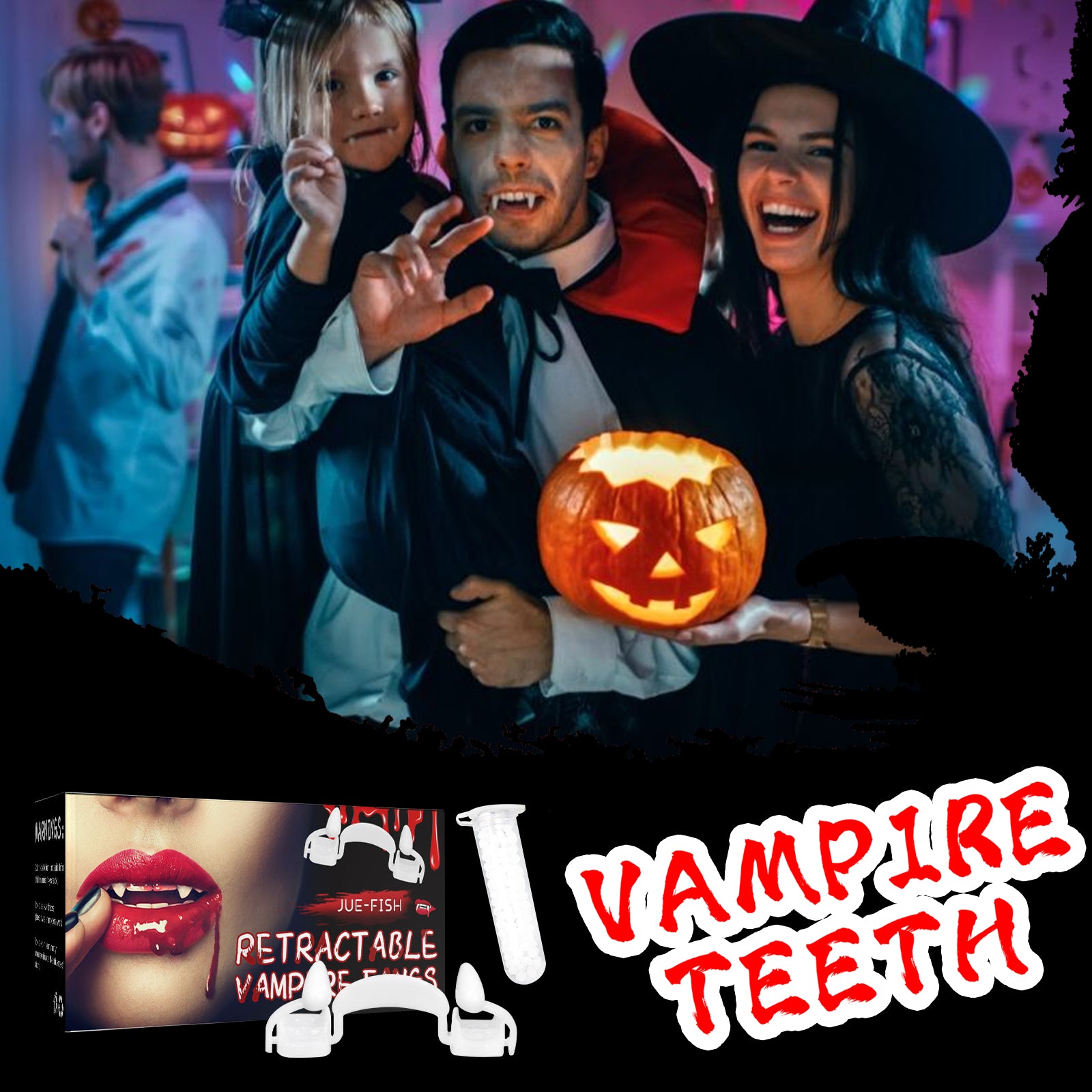 Jue Fish Retractable Vampire Fangs, Reusable Realistic Fake Teeth Cosplay Prop with Dental Glue for Halloween Party