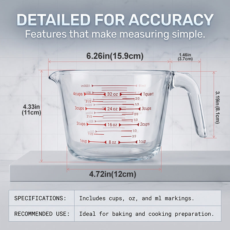32 oz Glass Measuring Cup, Liquid Measuring Cup with Easy-Read Markings, Clear Glass Measure Cup, Dishwasher, Oven & Microwave Safe