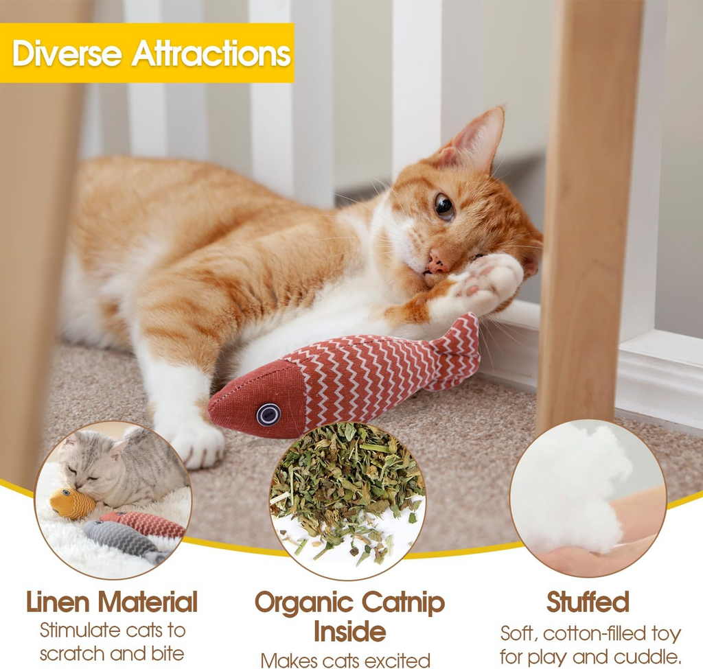Cat Catnip Fish Toy, Durable Linen Plush Chew Toy with Natural Catnip for Indoor Cats Kitten Bite Hug Play