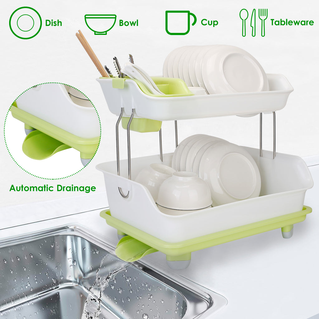AEELLEEA 2-Tier Dish Drying Rack, Countertop PP Dish Rack with Automatic Drainage, Stainless Steel Support & Cutlery Holder for Kitchen