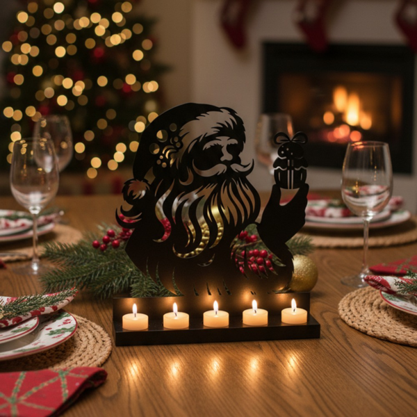 Santa Claus Christmas Candle Holder, Black Metal Tealight Holder with 5 Slots, Festive Christmas Table Decoration for Home Holiday Decor