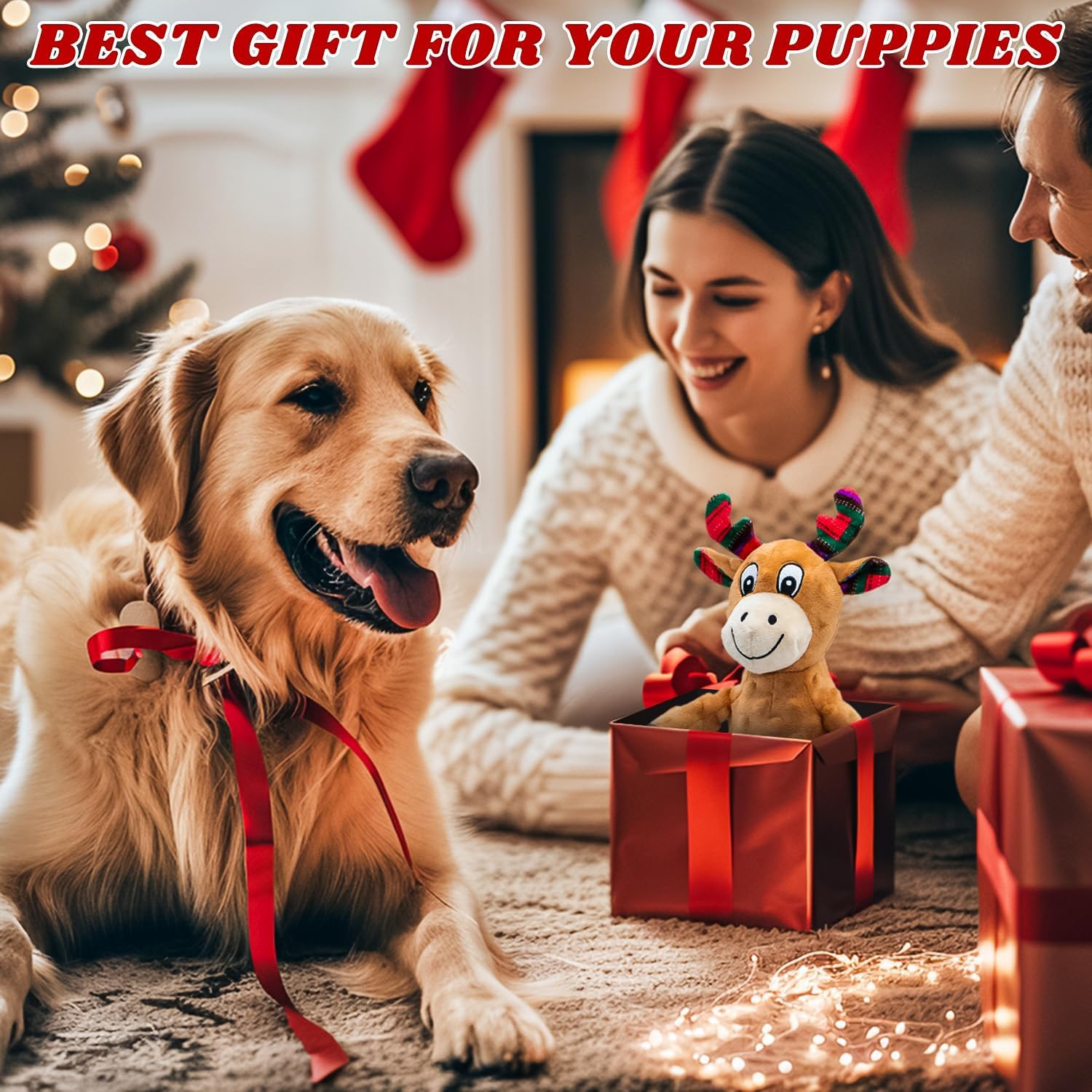 ZippyPawsDog Christmas Reindeer Plush Toys with Squeaker, Soft Pet Teeth Toys for Small & Medium Dogs