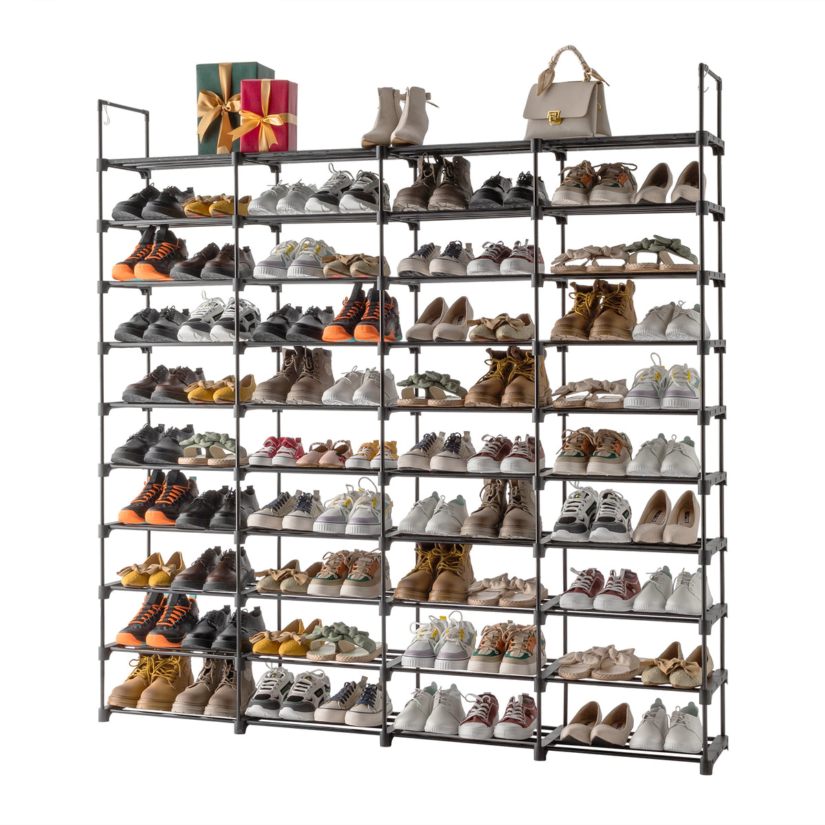 AEELLEEA- 10 Tiers Shoe Rack Organizer, Holds Up to 80 Pairs of Shoes, Metal Frame Shoe Storage Shelf with Hooks