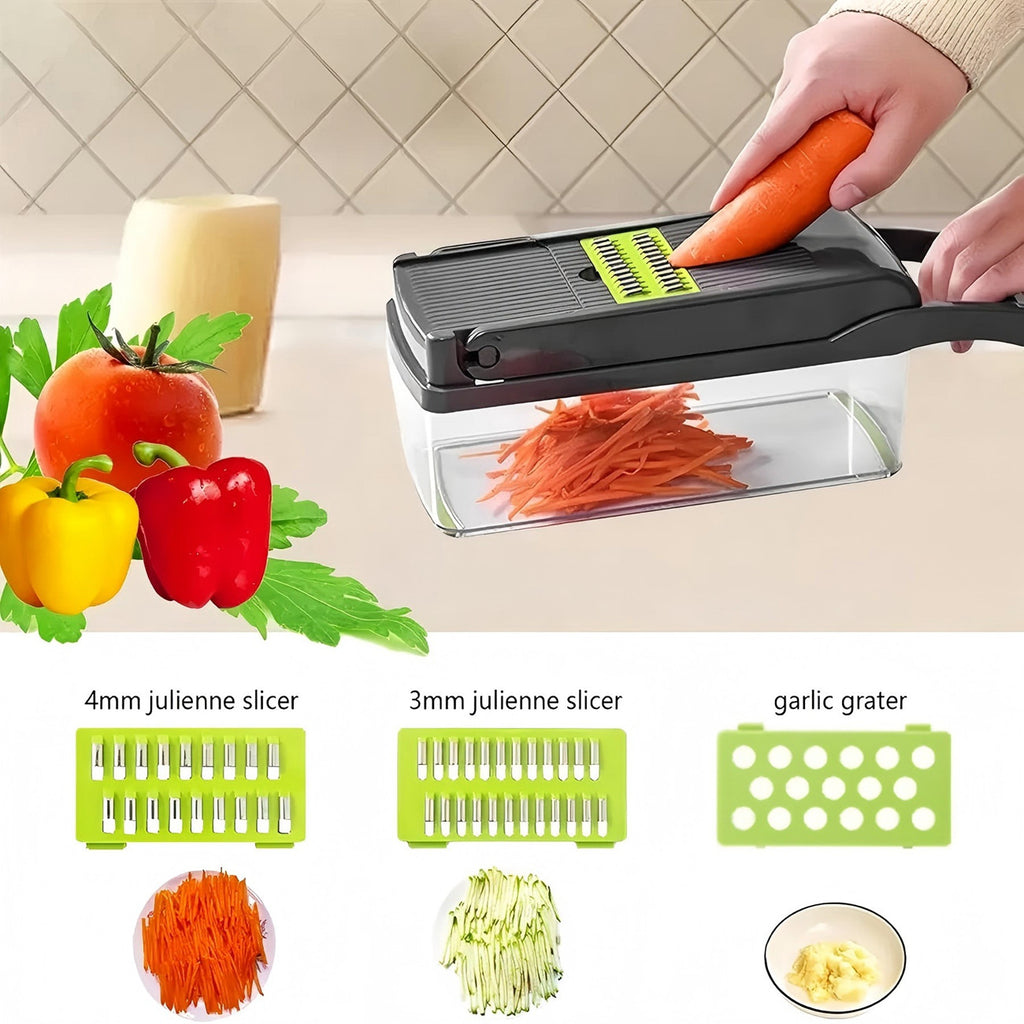 16 in 1 Vegetable Chopper, Multifunctional Veggie Slicer Dicer with 1.5L Storage Container, Interchangeable Blades & Hand Guard for Onion Carrot Fruit