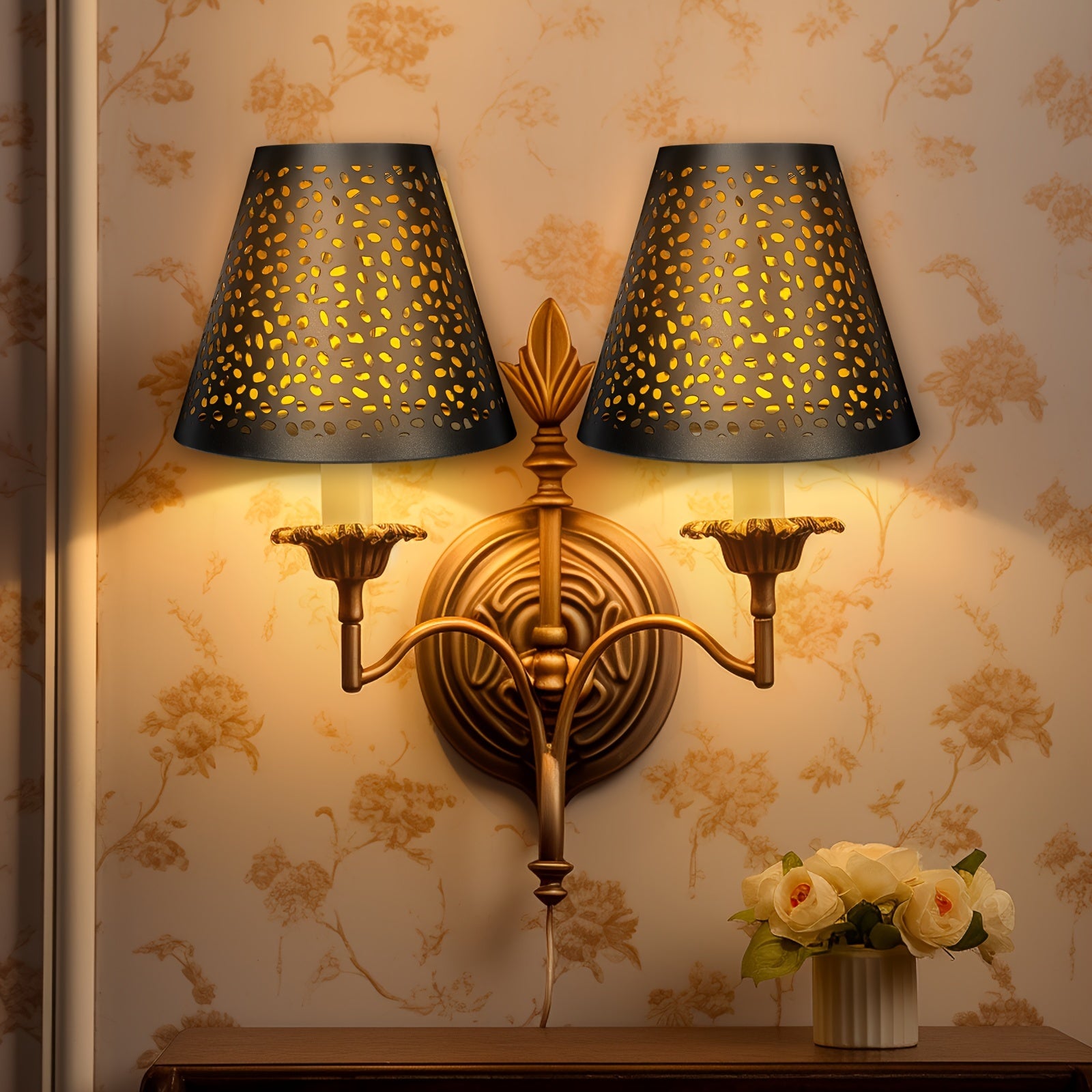 Mini Chandelier Lamp Shades (Set of 2) - Etched Raindrop Metal, Clip-On Fit for Candelabra Bulbs, 3 x 6x 5