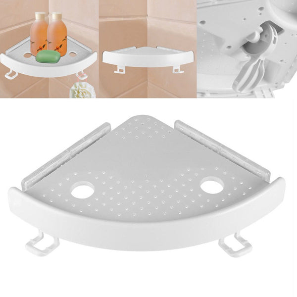 No Drill Bathroom Corner Shelf, White Fan Shaped Adhesive Corner Holder with Drain Holes and Hooks, Wall Mount Organizer for Shampoo Toiletries