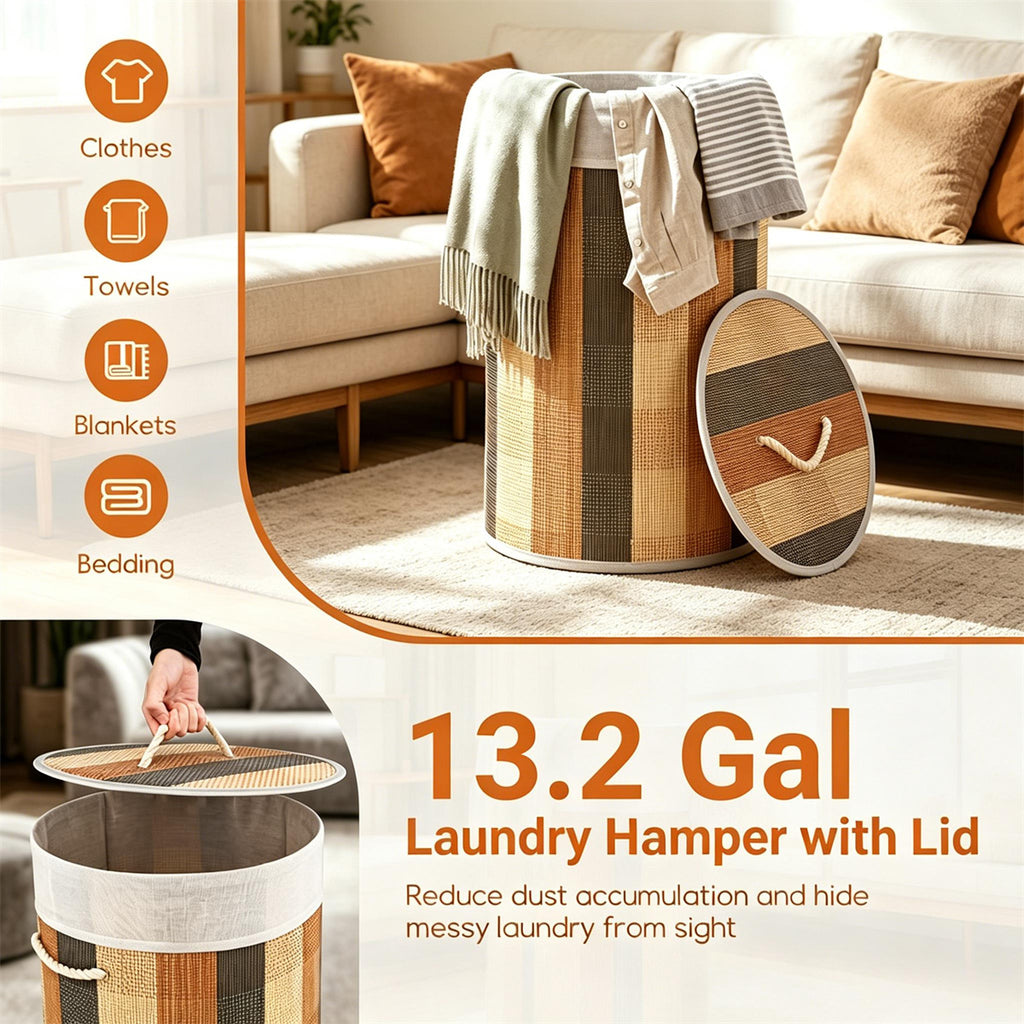 13.2 Gallon Bamboo Laundry Hamper with Lid, Collapsible Woven Clothes Basket with Side Handles & Removable Liner for Bathroom Nursery