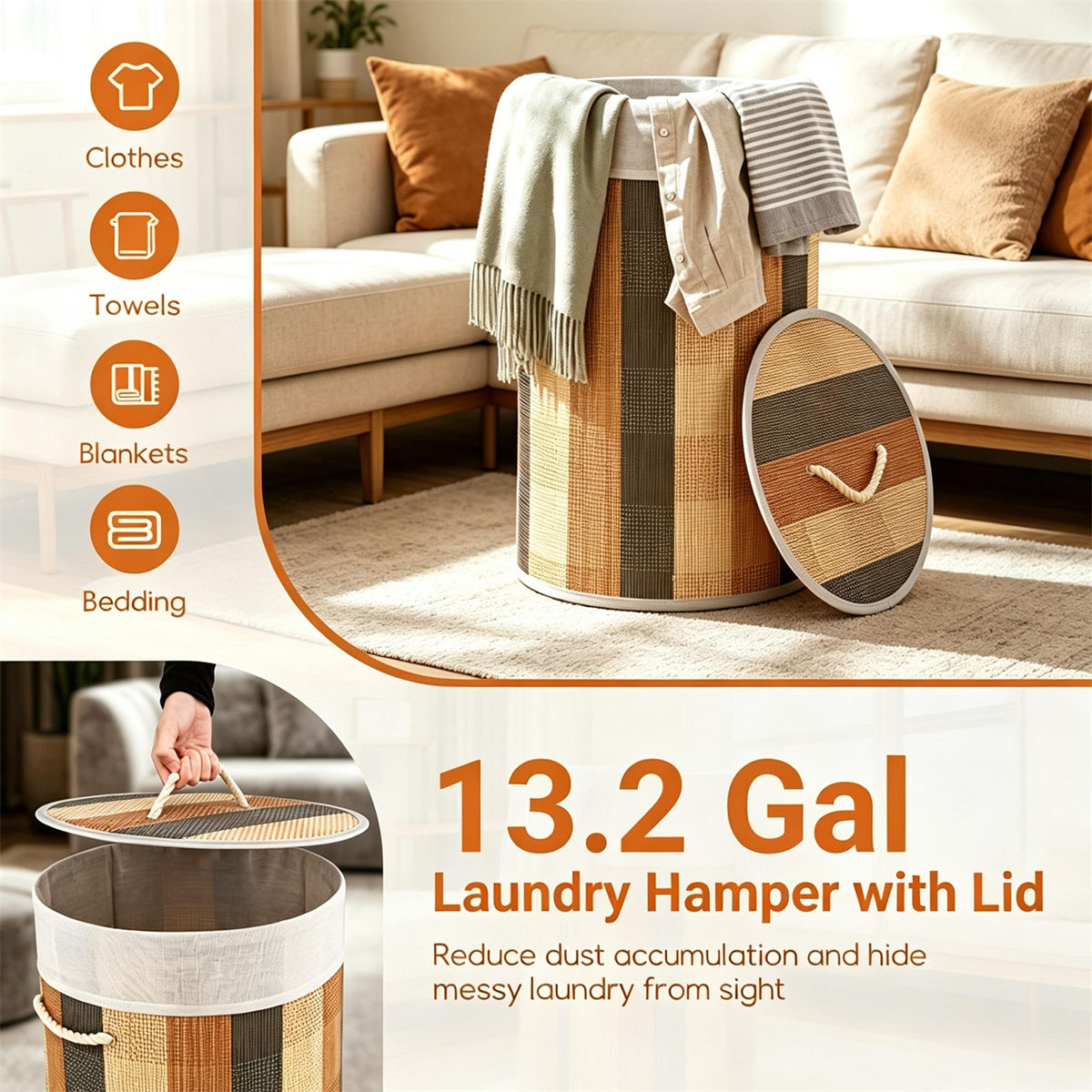 13.2 Gallon Bamboo Laundry Hamper with Lid, Collapsible Woven Clothes Basket with Side Handles & Removable Liner for Bathroom Nursery