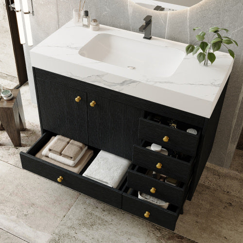 Bathroom Vanity with Sink, 36 Inch Black Wood Freestanding Vanity with Marble Top, Double Doors and Drawers Cabinet