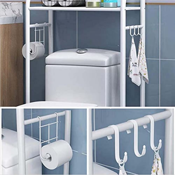 AEELLEEA 3-Tier Over-the-Toilet Storage Rack, Freestanding Bathroom Organizer Shelf with Adjustable Feet and Hooks, Black