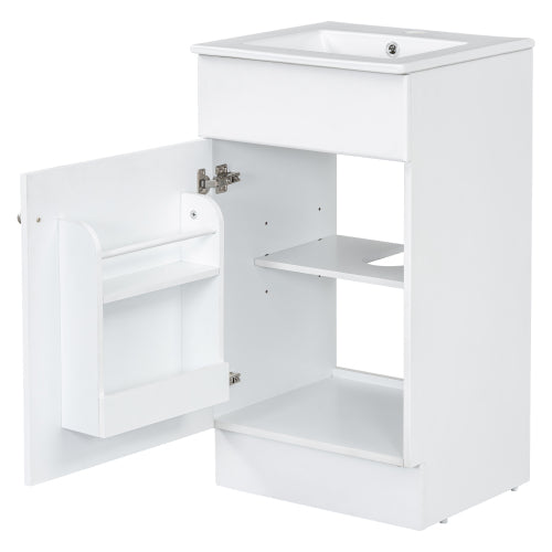 White Bathroom Vanity with Sink 18 Inch, Freestanding Small Bathroom Cabinet with Ceramic Basin, Soft Close Door