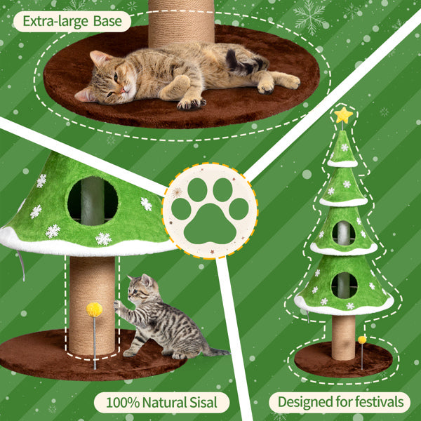 AEELLEEA Christmas Tree Cat Tower with Sisal Scratching Post, 2 Cat Hideaways & Teaser Ball, 59.1" Tall