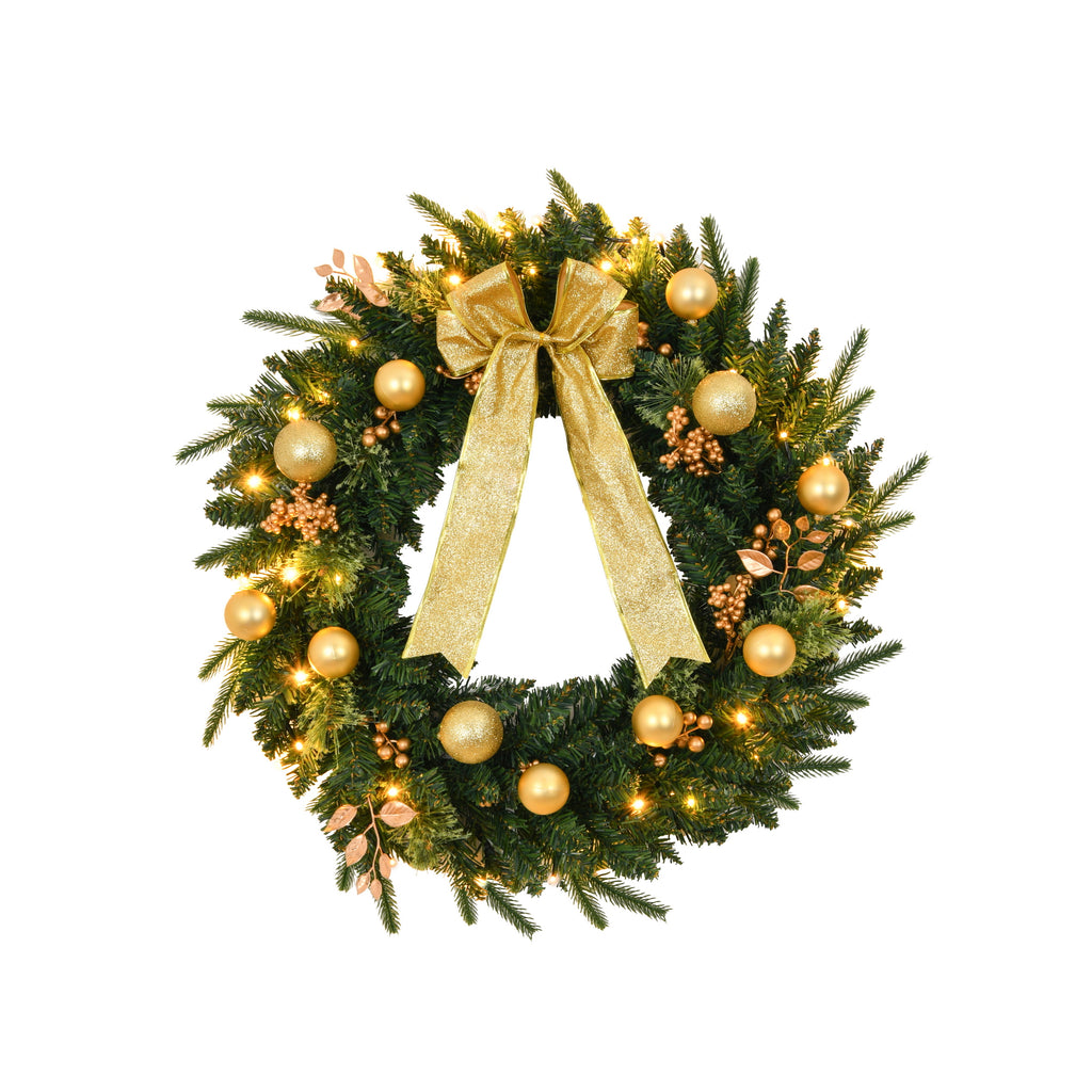 AEELLEEA-24in Pre-lit Artificial Christmas Wreath with Remote, 50 Warm LED Lights, 120 PVC Tips & Ornaments for Front Door, Gate & Wall Holiday Decor