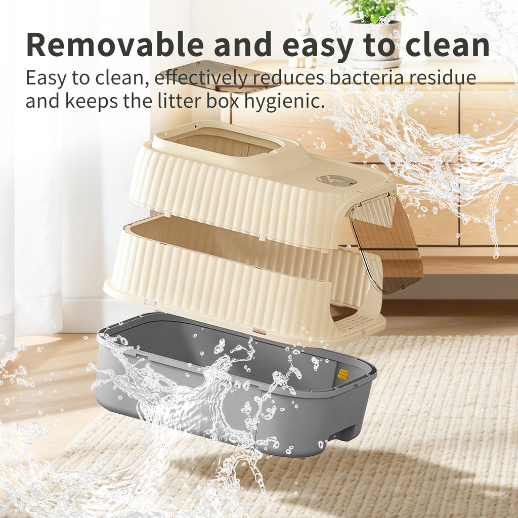Enclosed Cat Litter Box with 2-Way Transparent Door and Litter Sifting Step, Removable Easy-Clean Design, Beige & Gray