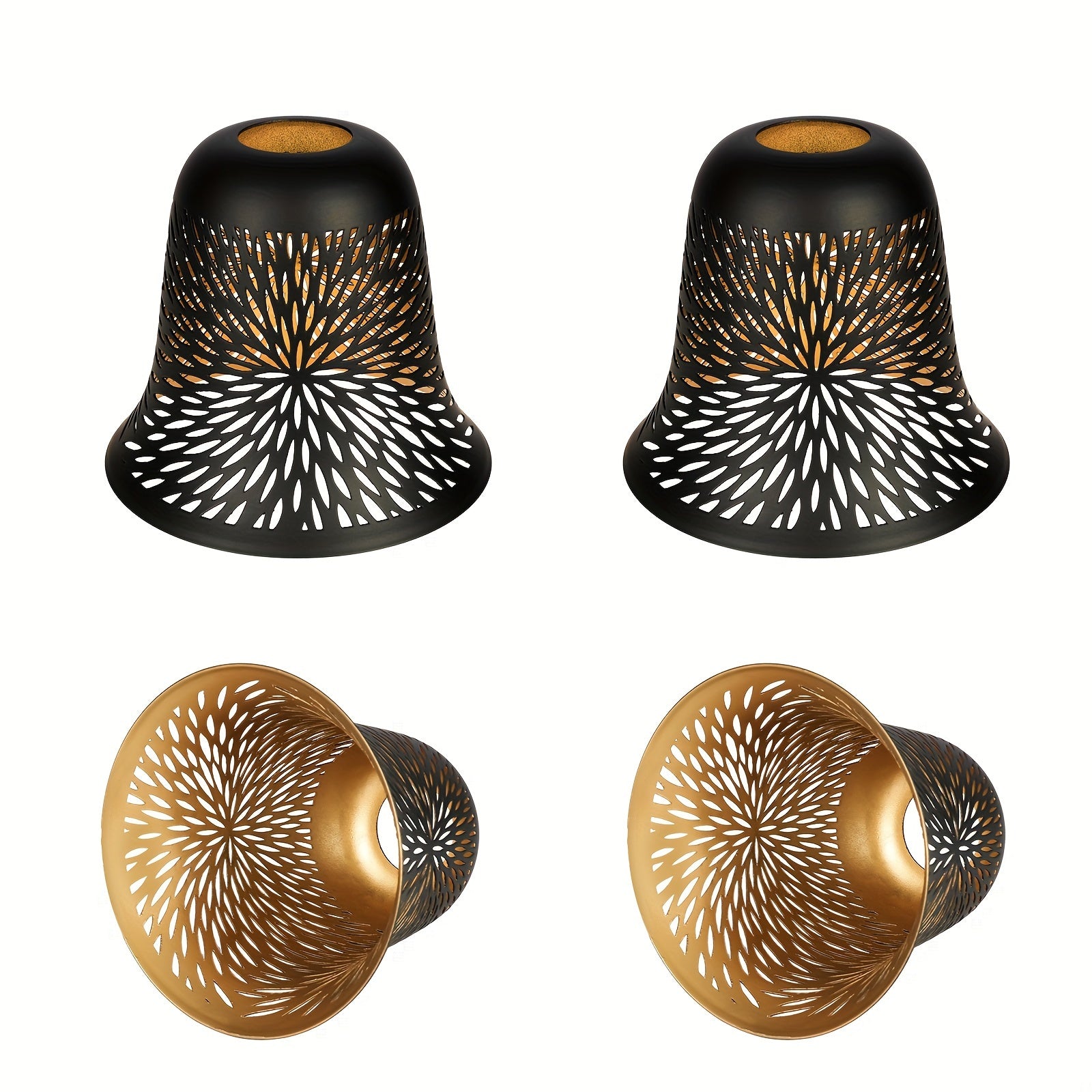 4 Pack Etched Chrysanthemum Metal Pendant Light Shades, 1-5/8" Fitter, Outer Black & Inner Gold Finish, for Ceiling Fan Light Cover Replacement, 5.12" H, 6" Dia