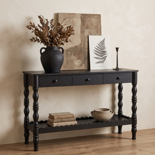 AEELLEEA 47.2" Black Farmhouse Console Table with 3 Drawers and Storage Shelf, Rustic Entryway Sofa Table with Turned Legs
