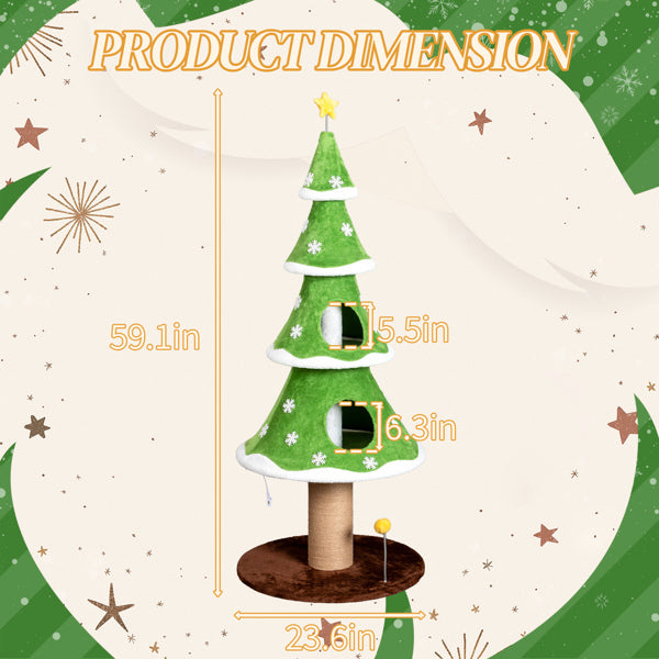AEELLEEA Christmas Tree Cat Tower with Sisal Scratching Post, 2 Cat Hideaways & Teaser Ball, 59.1" Tall