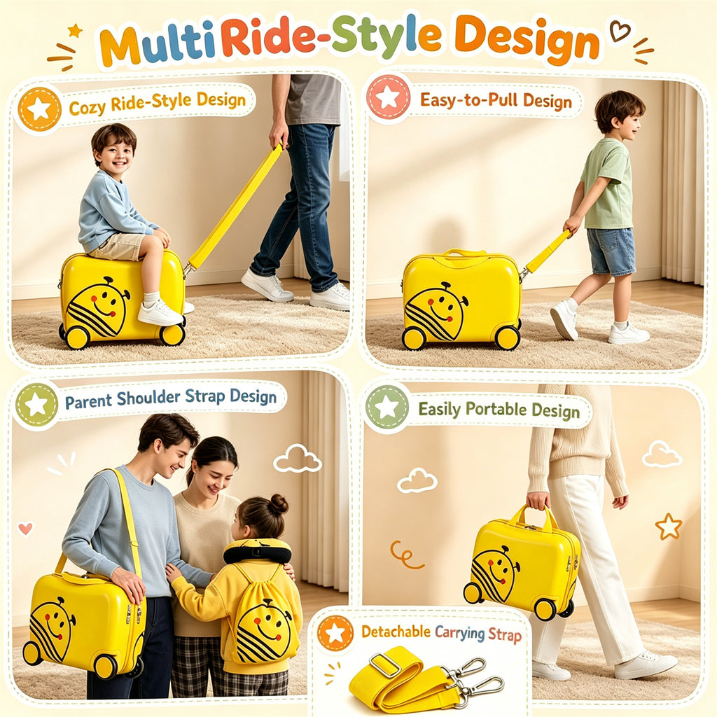 AEELLEEA 3 Piece Bee Kids Ride-On Luggage Set, 16 Inch Rolling Suitcase with Drawstring Backpack & Neck Pillow for Toddler Travel