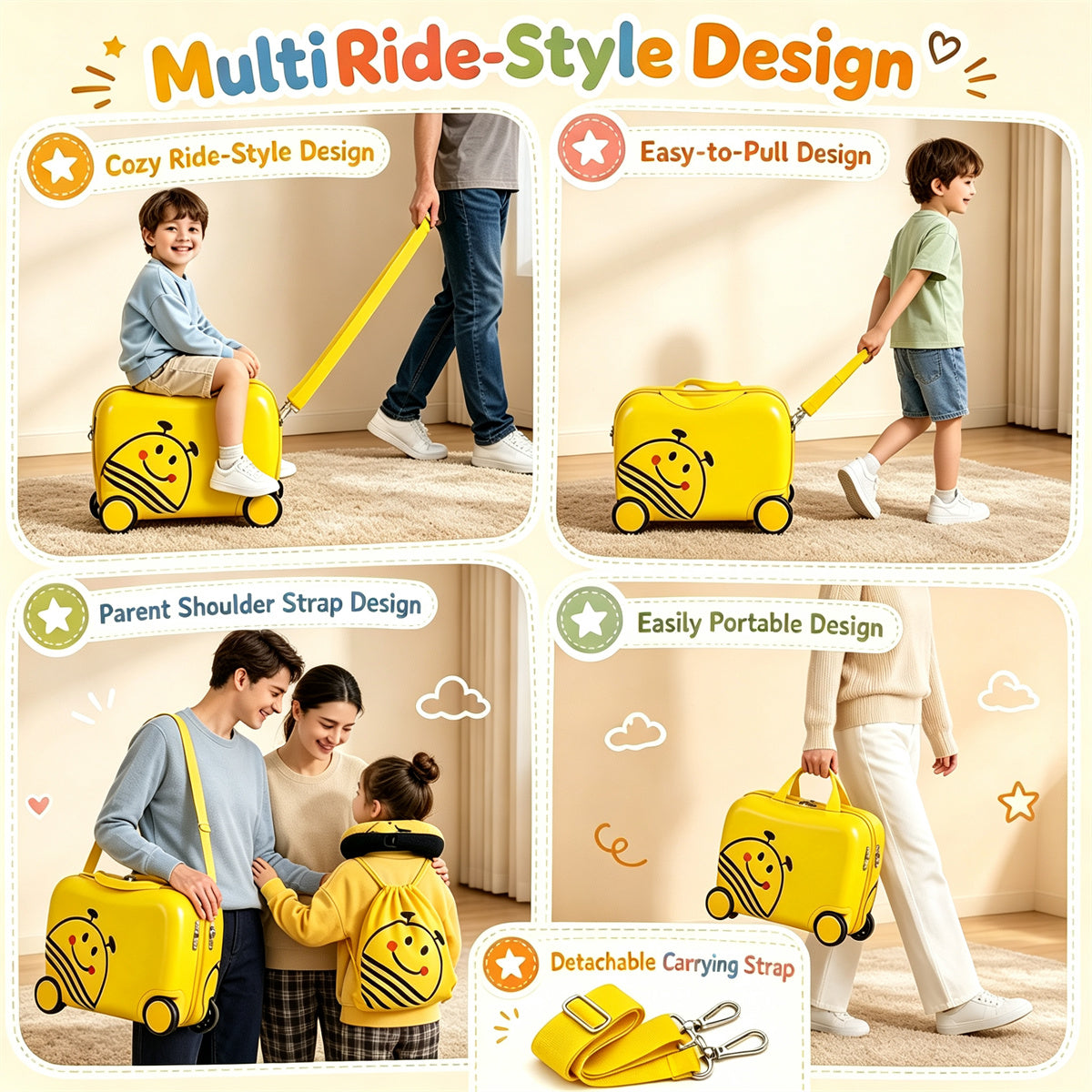 AEELLEEA 3 Piece Bee Kids Ride-On Luggage Set, 16 Inch Rolling Suitcase with Drawstring Backpack & Neck Pillow for Toddler Travel