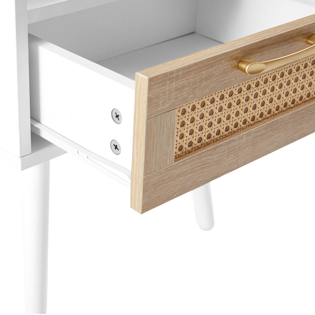 AEELLEEA- Rattan Side Table, Rectangle White End Table with Solid Wood Legs, MDF Frame, 120lbs Load Capacity