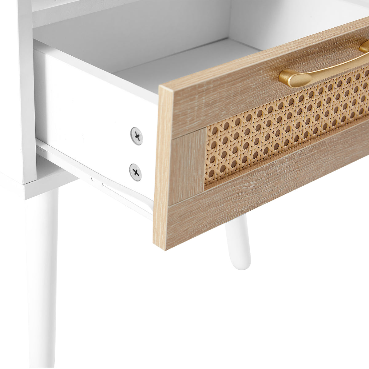 AEELLEEA- Rattan Side Table, Rectangle White End Table with Solid Wood Legs, MDF Frame, 120lbs Load Capacity