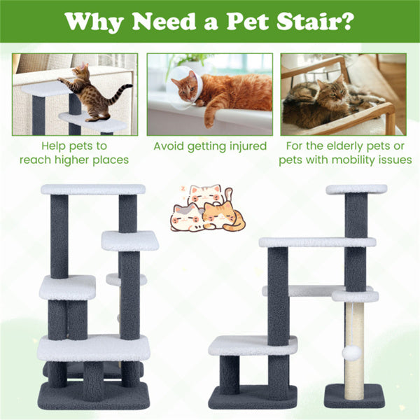 AEELLEEA 30-Inch Cat Tree with Multi-Level Cat Stairs, Sisal Scratching Post and Hanging Plush Ball, Gray and White