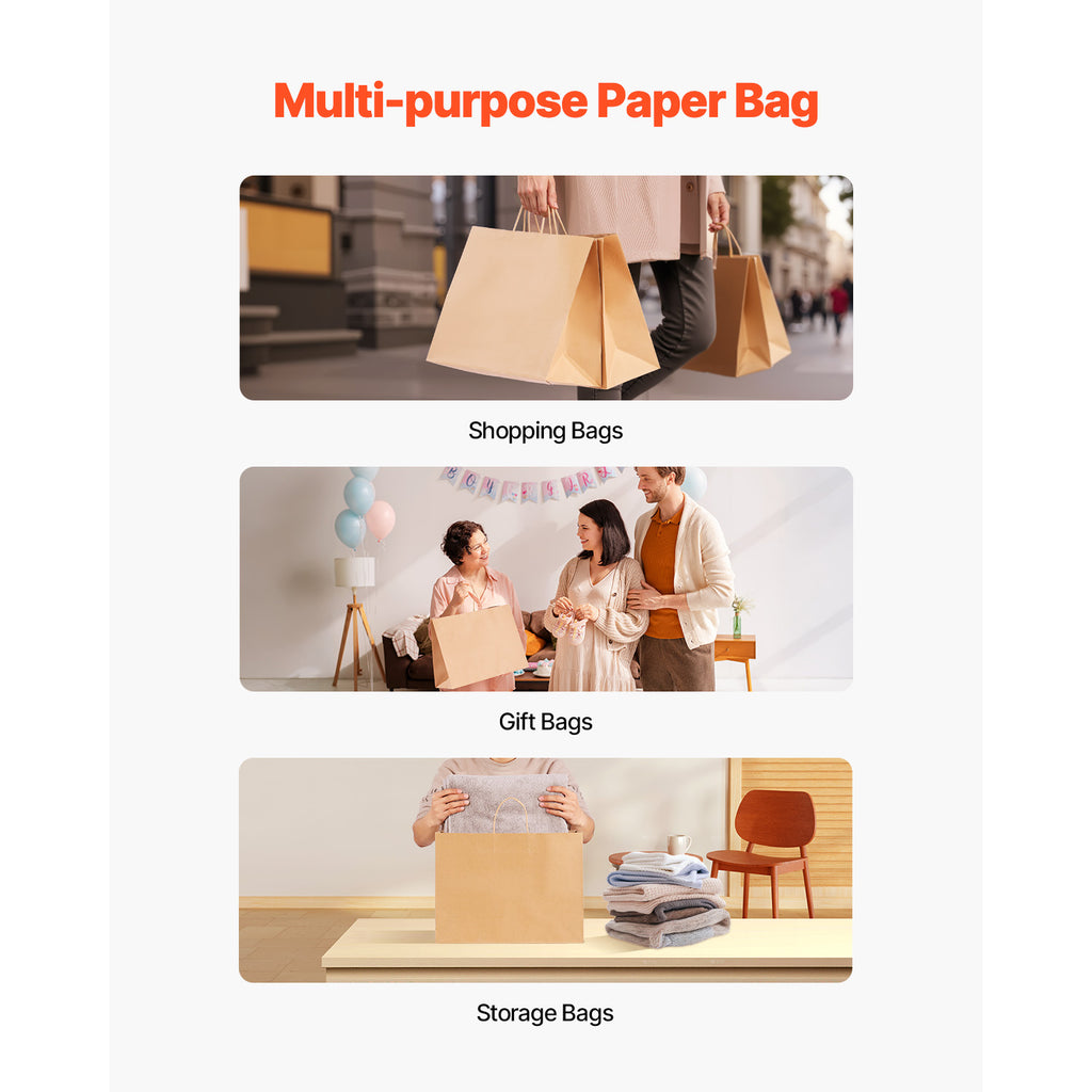 50 Pack 16x6x12 Inch Brown Kraft Paper Bags with Handles, Recyclable Plain Gift Shopping Totes, Disposable Retail Merchandise Bags for Party Boutique Grocery Packaging
