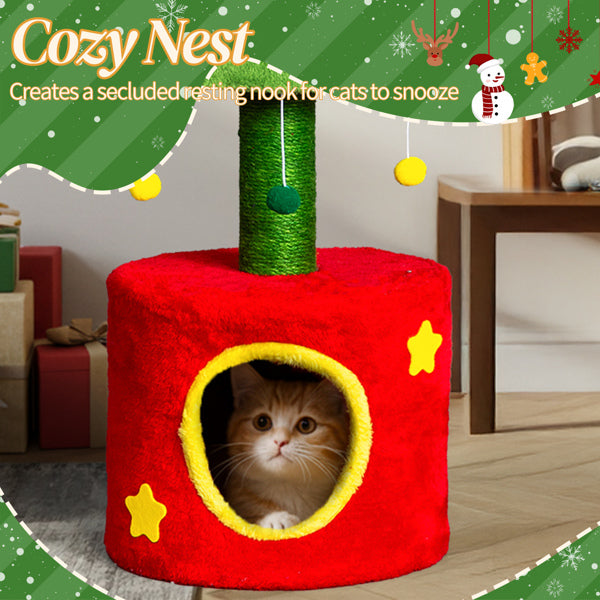 30 Inch Cat Scratching Post with Cat House, Small Cat Tree Tower with Sisal Scratching Post and Hanging Plush Balls, Indoor Kitten Cat Tree with Cozy Nest, Red & Green