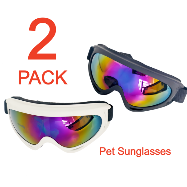 2 Pack Dog Goggles Pet Sunglasses with Adjustable Straps, Rainbow Lens Eye Protection for Medium Large Dogs, Black & White