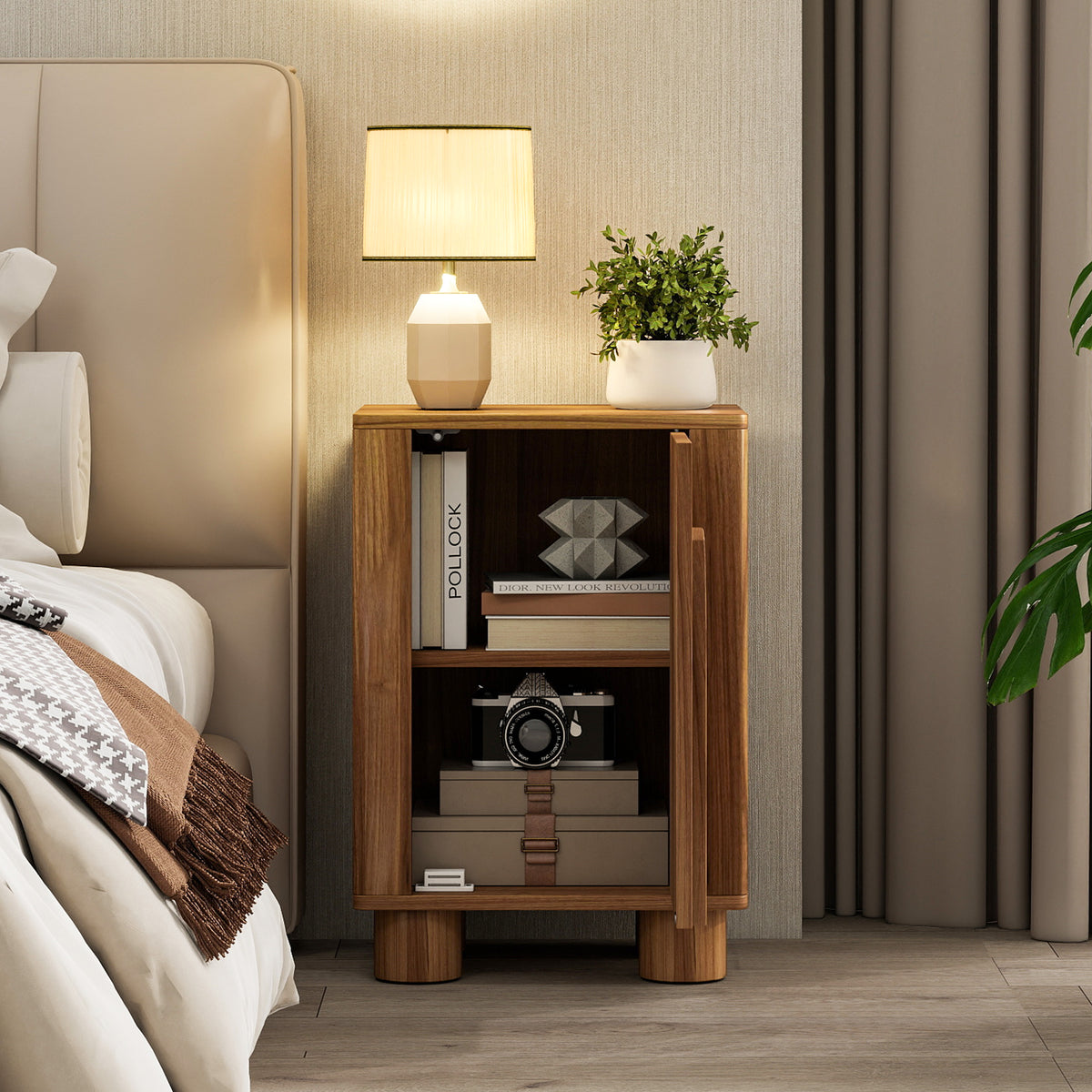 AEELLEEA Vintage Arched Door Nightstand, Brown Engineered Wood Side Table with Soft Close Magnetic Door, Pine Round Legs