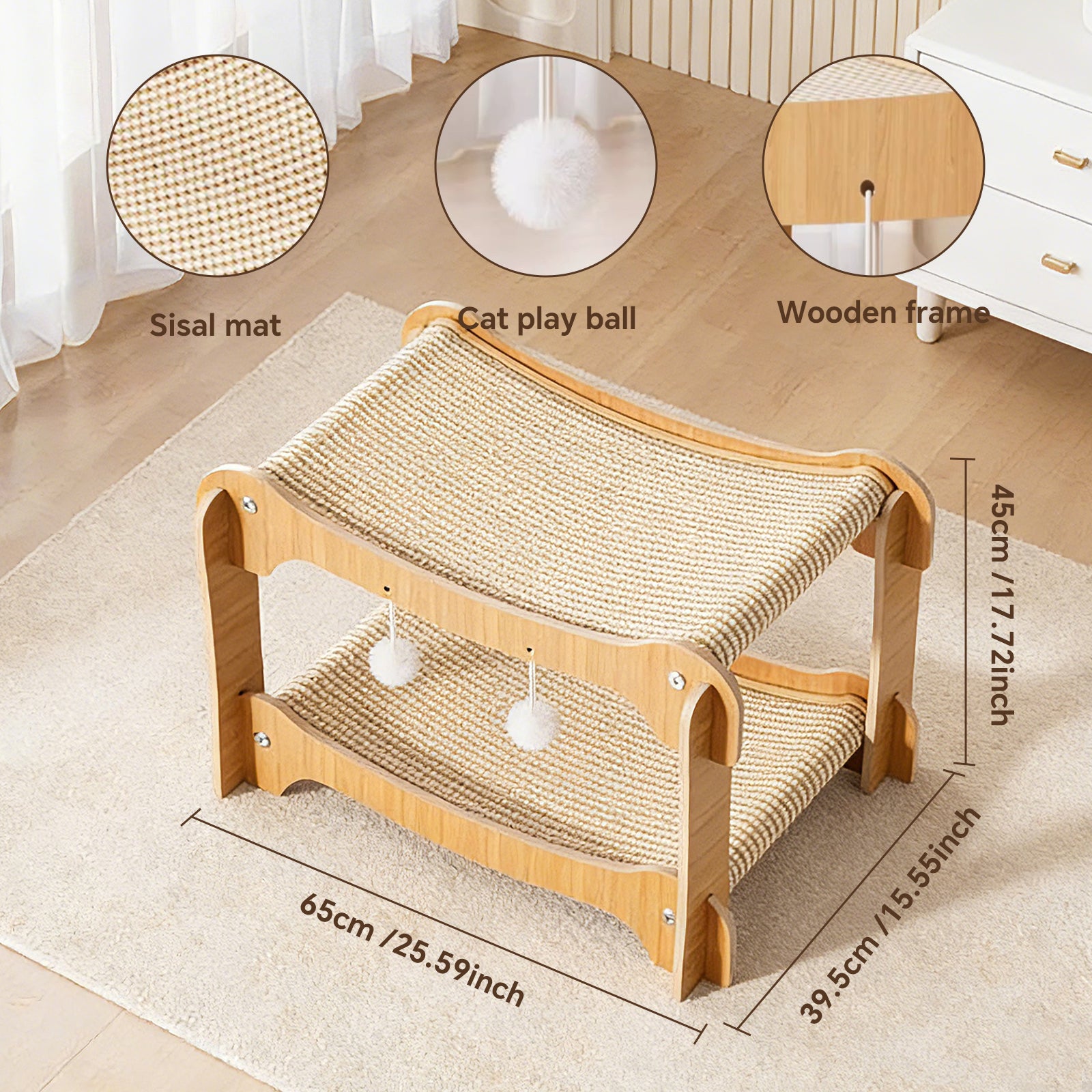 Ergonomic Cat Scratching Lounge Chair Bed- Natural Sisal Scratcher with Solid Wood Frame and Anti Slip Base for Pets