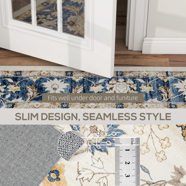 AEELLEEA Vintage Floral Area Rug, Blue and Ivory, Low-Profile Non-Slip Rug, 6 x 4 ft