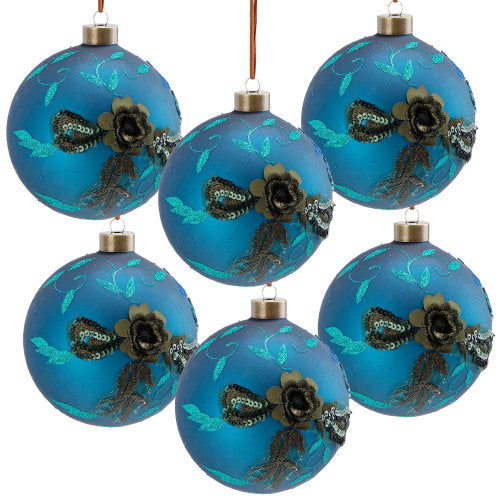 Christmas Ornaments 6 Pack, Frosted Teal Ball with 3D Floral Design, Hanging Tree Decor with Ribbon Flowers