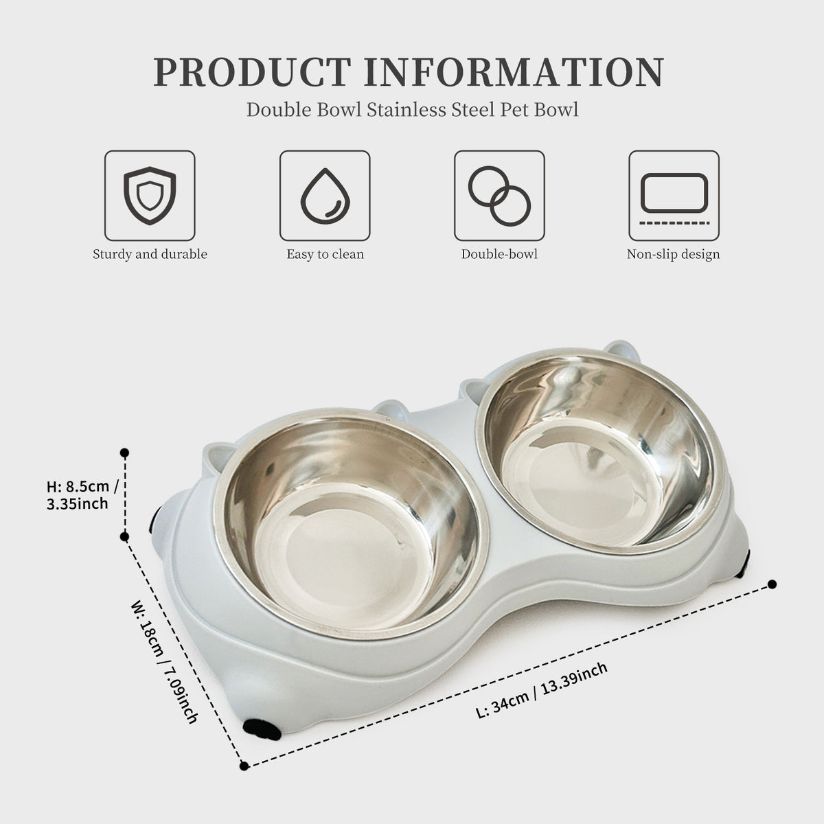 Stainless Steel Double Pet Bowl with Non-Slip Base, 15° Ergonomic Tilt, Food & Water Bowls for Cats and Small Dogs, Cream Bear