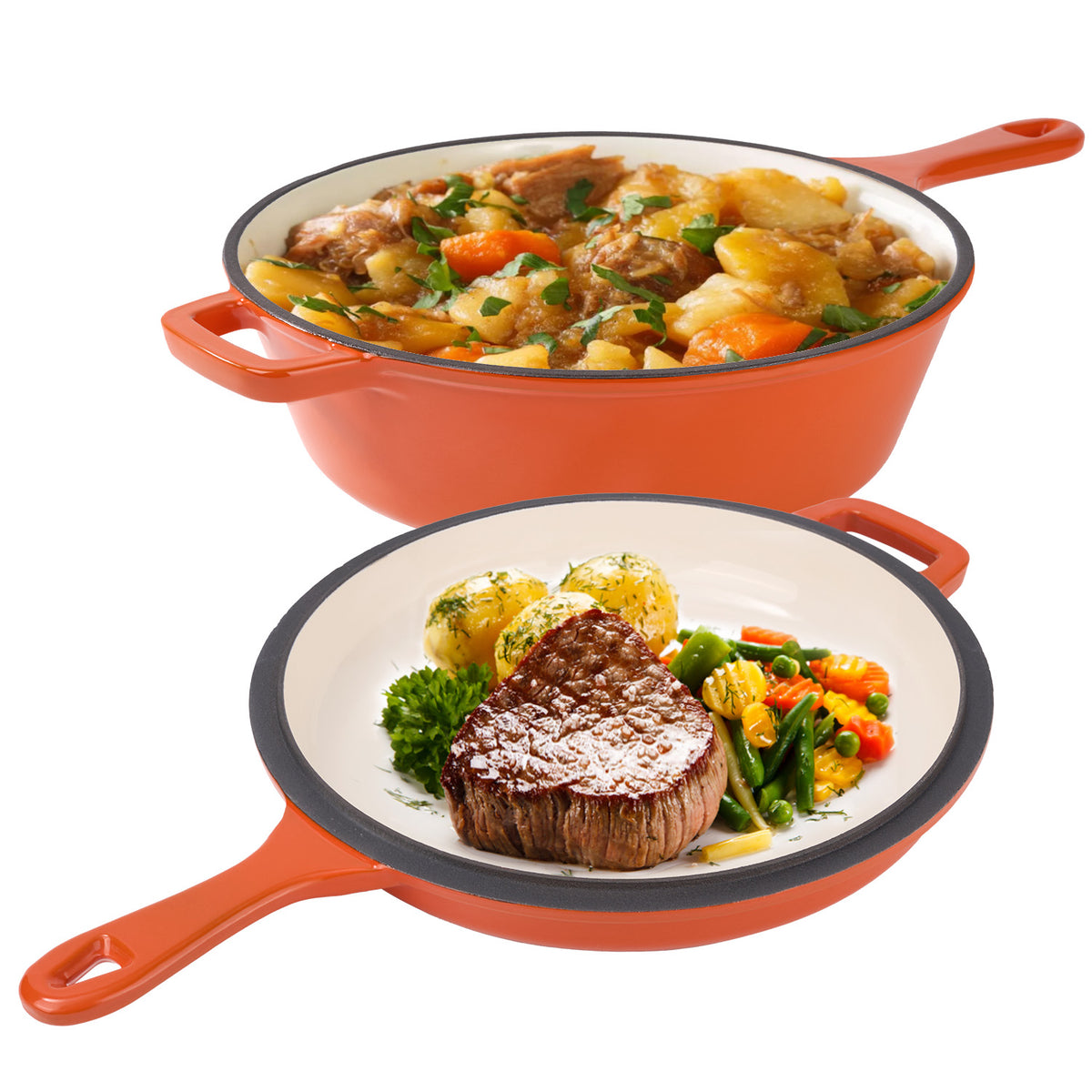 2-in-1 Enameled Cast Iron Combo Cooker, Dutch Oven with Skillet Lid, Multi-use Braising Pot for Stovetop & Oven, Green / Orange Available