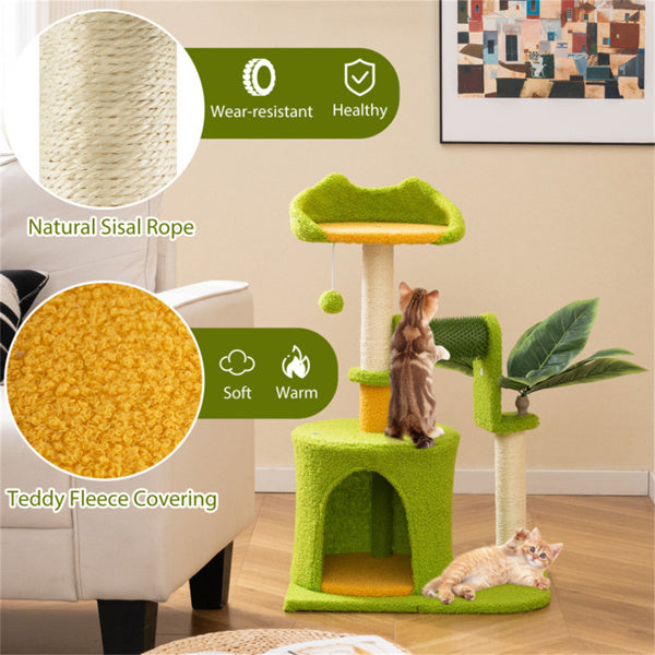 AEELLEEA 31-Inch Cat Tree Tower with Sisal Scratching Posts, Cat Condo, Self-Groomer and Hanging Pom-Pom Toy, Green