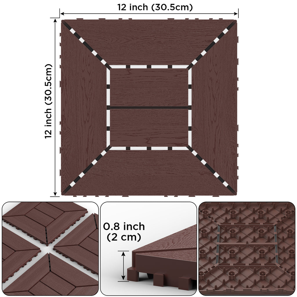 AEELLEEA 12 Inch Wood Grain Interlocking Deck Tiles, Snap Together Outdoor Patio Flooring Tiles, Cuttable Drainage Floor Tiles for Pool Backyard Balcony