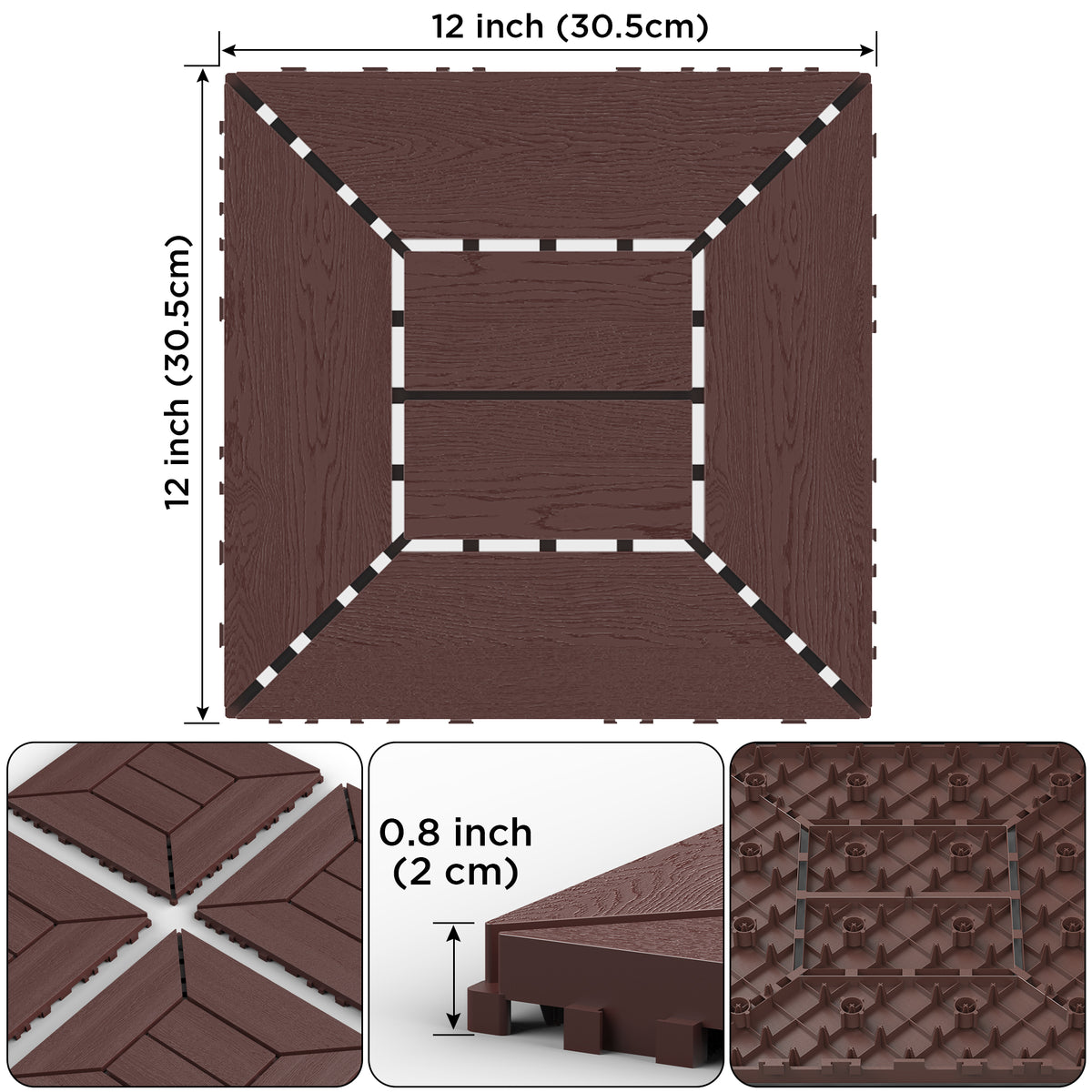 AEELLEEA 12 Inch Wood Grain Interlocking Deck Tiles, Snap Together Outdoor Patio Flooring Tiles, Cuttable Drainage Floor Tiles for Pool Backyard Balcony