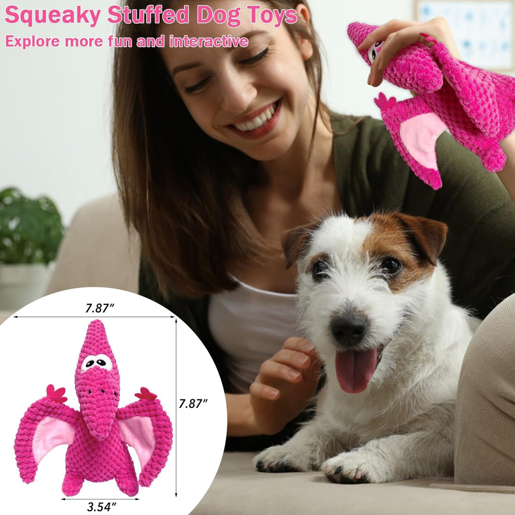 LWBMG Squeaky Dog Toys Plush Dog Toy with Crinkle Paper Dinosaur Dog Toy Stuffed Animals Chew Toy Plush Squeaky Dog Birthday Toys for Small Medium Large Dogs Pink