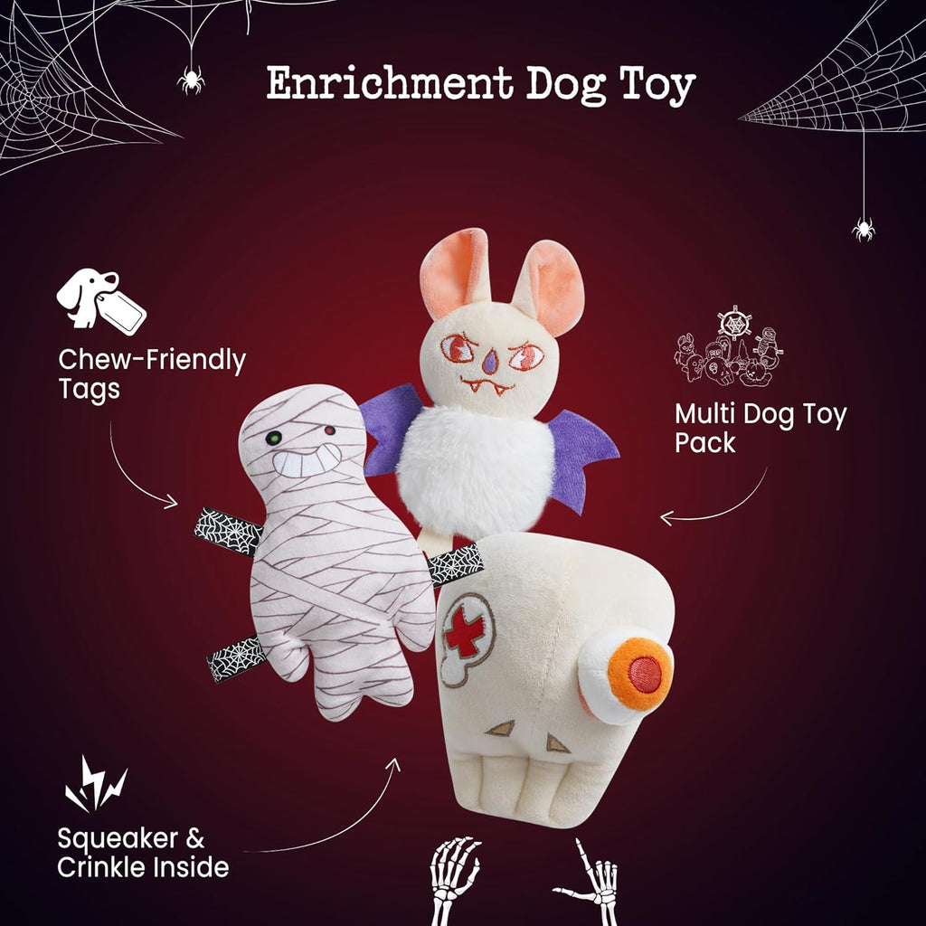 10PC Halloween Dog Toys Set, Creepy-Theme Puppy Enrichment Small Dog Toys Squeaky & Crinkle Funny Plush Stuffed Chew Toys Bundle for with Pumpkin, Skeleton, Mummy, Bat & More
