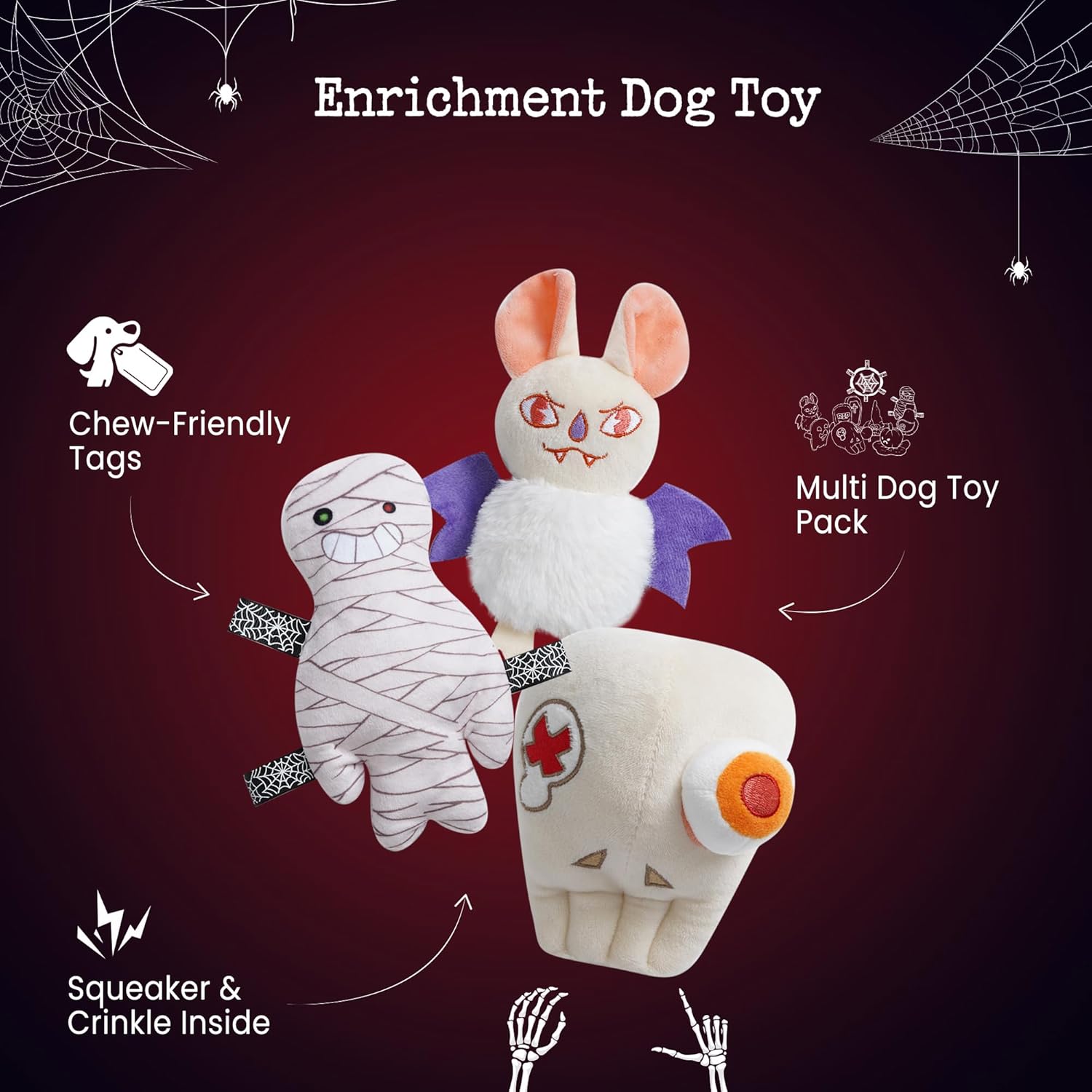 10PC Halloween Dog Toys Set, Creepy-Theme Puppy Enrichment Small Dog Toys Squeaky & Crinkle Funny Plush Stuffed Chew Toys Bundle for with Pumpkin, Skeleton, Mummy, Bat & More