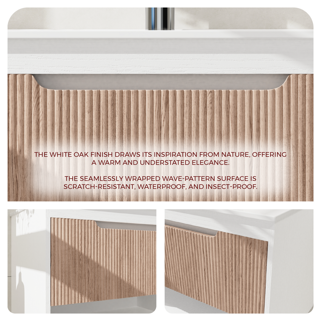 AEELLEEA 30" Floating Bathroom Vanity, Fluted Oak Drawer, White Ceramic Sink, Wall Mount Bath Cabinet