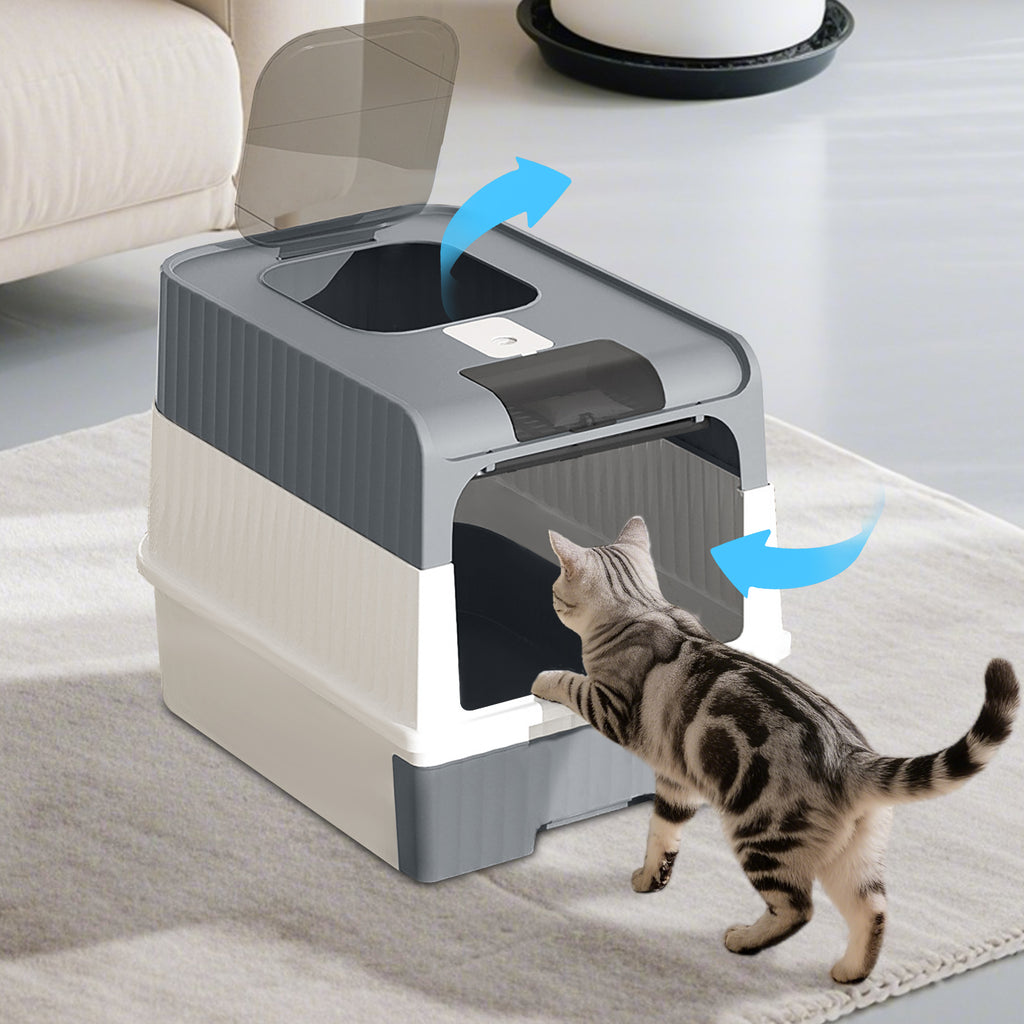 Enclosed Cat Litter Box with Lid, Anti-Tracking Fence, Drawer Tray & Scoop, Odor Control, Large, for Indoor Cats - Black, Gray, Blue, Pink