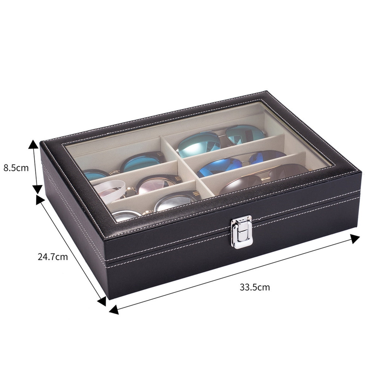 AEELLEEA-Leather Multi Sunglasses Organizer for Women & Men, Eyeglass Display Storage Box with 8 Slots, Black Eyewear Holder for Sunglasses Collection
