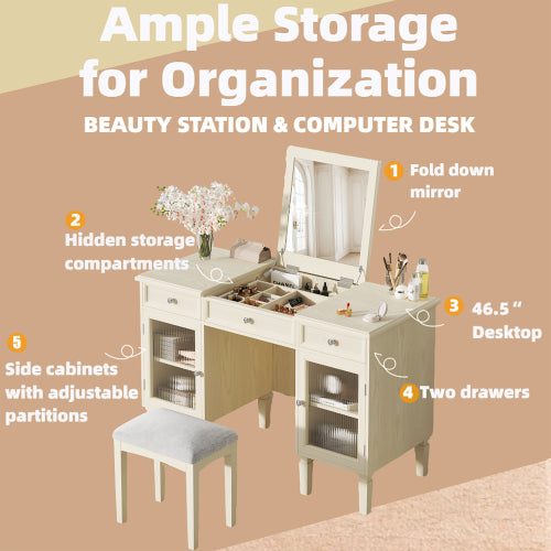 AEELLEEA Vanity Desk with Flip-Top Mirror, Storage Drawers, Side Cabinets and Stool, 46.3-Inch Makeup Desk, Cream