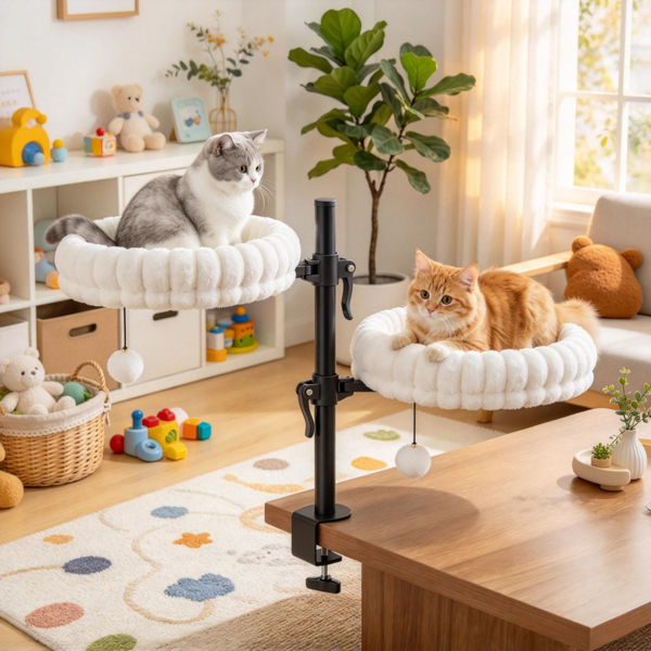 AEELLEEA Dual Cat Window Perch with 2 Plush Beds, Clamp-On Cat Bed with Hanging Toys, 15" Beds, White