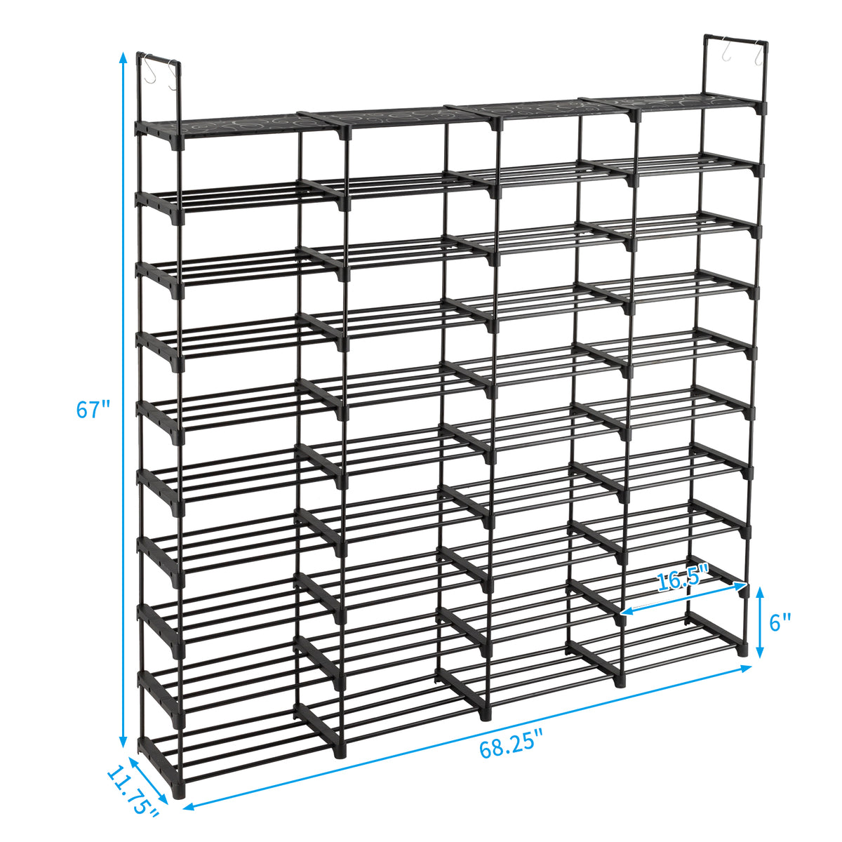 AEELLEEA- 10 Tiers Shoe Rack Organizer, Holds Up to 80 Pairs of Shoes, Metal Frame Shoe Storage Shelf with Hooks