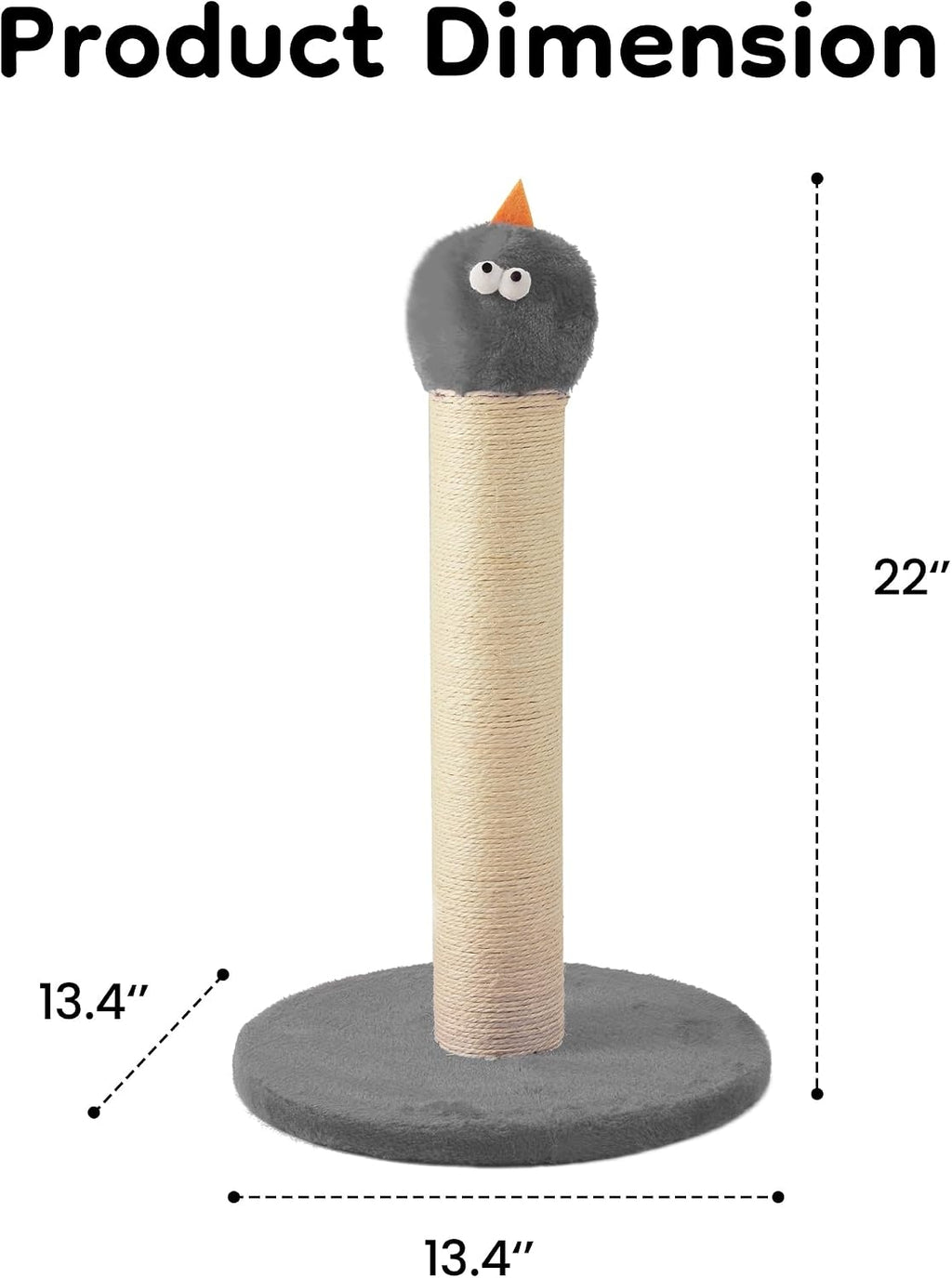 22" Cat Scratching Post, Sisal Scratcher with Interactive Hanging Toy, Monster Design for Indoor Cats, Fits Kittens & Large Cats, Grey