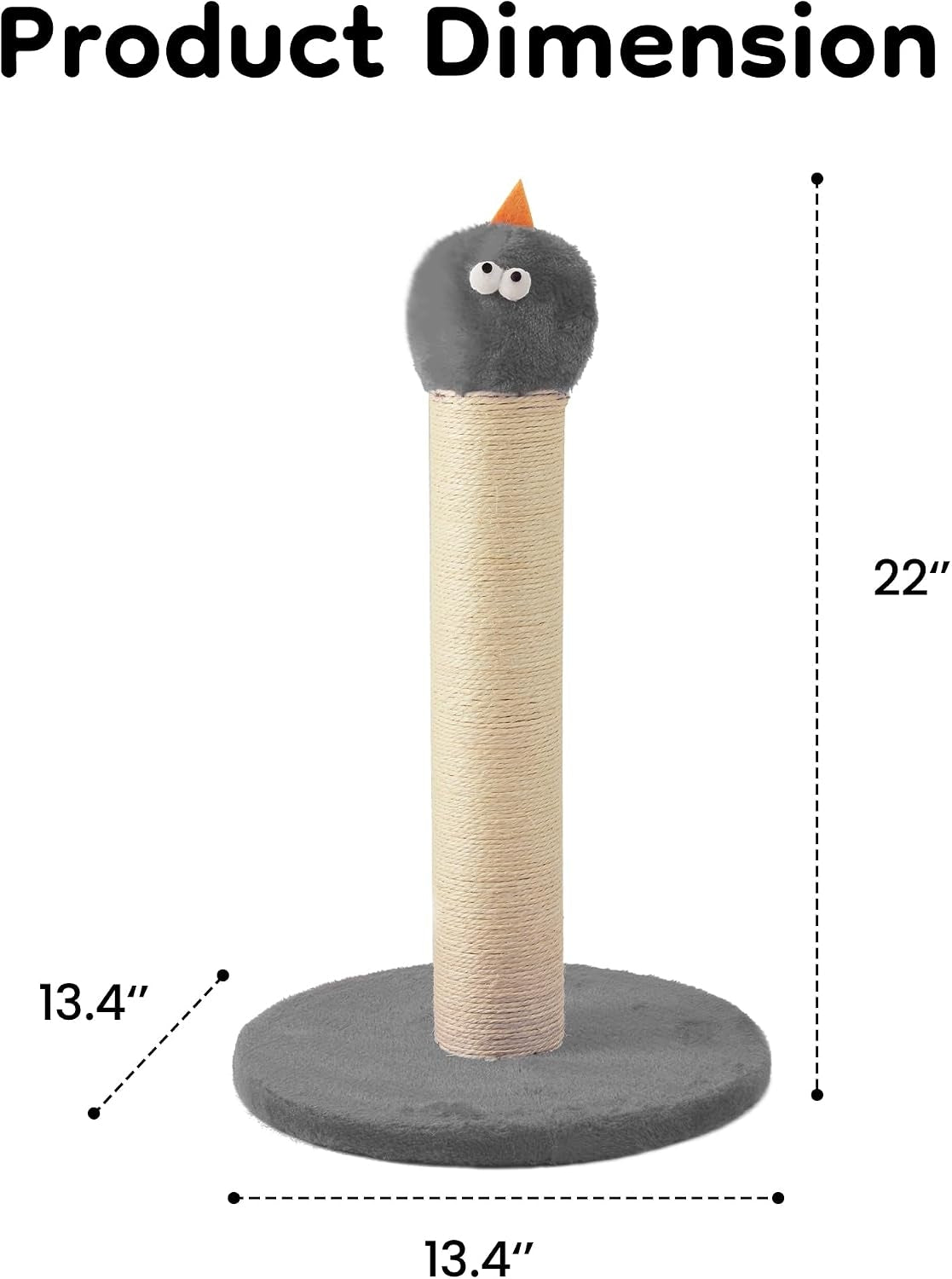 22" Cat Scratching Post, Sisal Scratcher with Interactive Hanging Toy, Monster Design for Indoor Cats, Fits Kittens & Large Cats, Grey